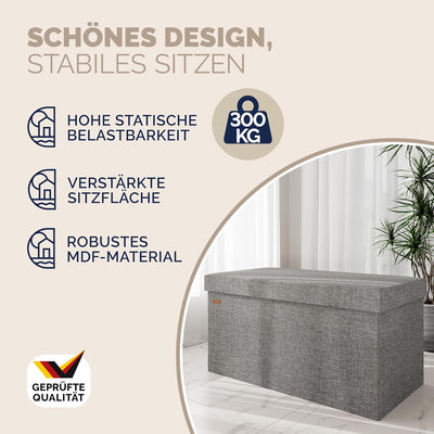 CASARIA® Sitzbank mit Stauraum 80x40x40cm Grau Faltbar Modern Gepolstert Deckel Stoff Stabil 100L Fl