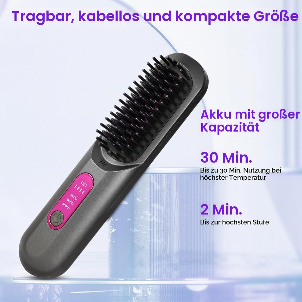 LOPHE Mini Haarglätterbürste, Glättbürste Kabellos, Hair Straightener Comb mit LCD-Bildschirm 3-Stuf
