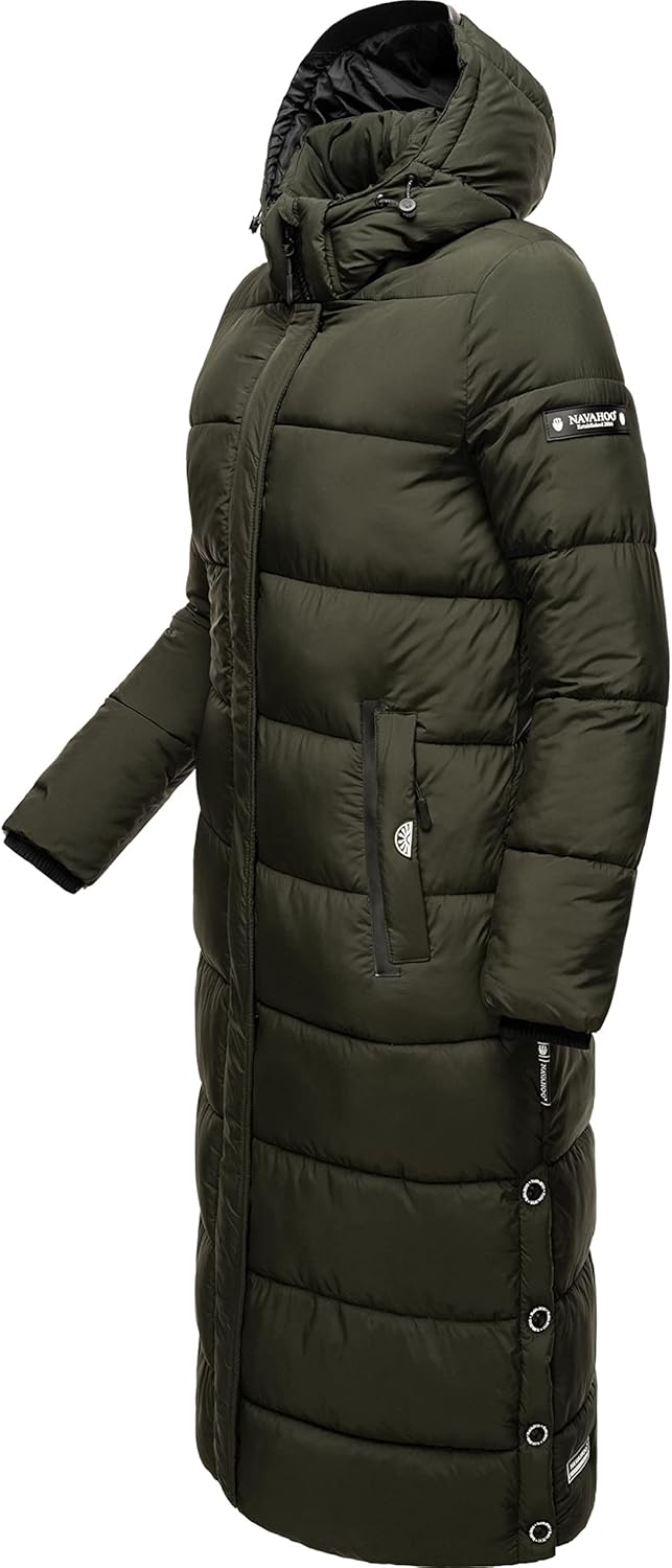 Navahoo Damen Wintermantel Warmer Steppmantel lang mit Abnehmbarer Kapuze Isalie XS-XXL XL Dark Oliv