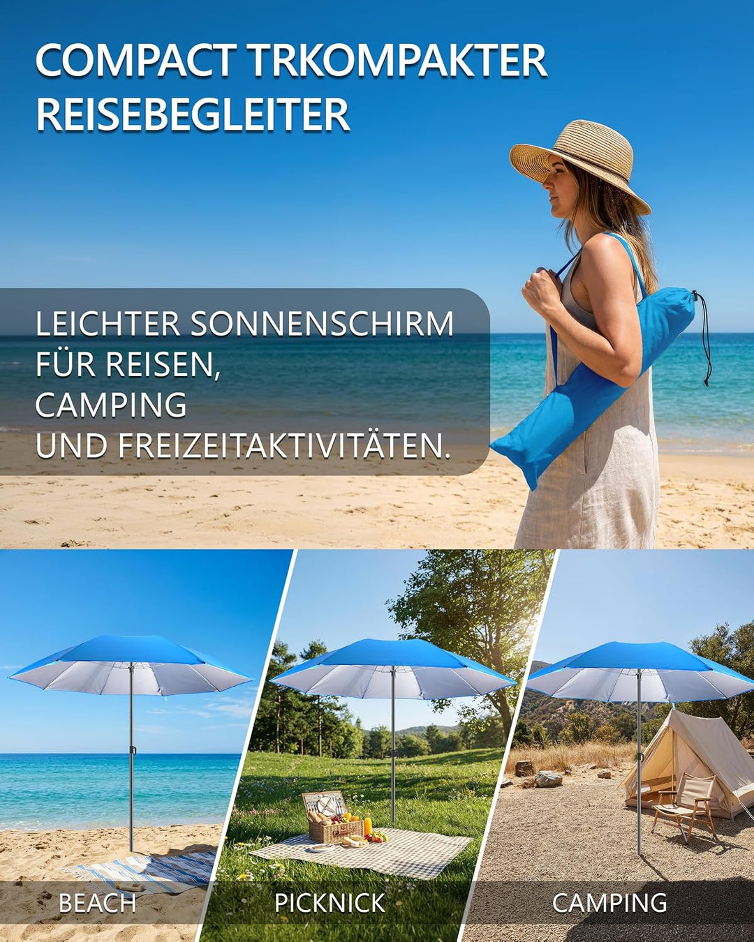 4smile Sonnenschirm Strand Ø 160 cm - UPF 50+ Praktischer Reise Sonnenschirm für Koffer - Funktionel