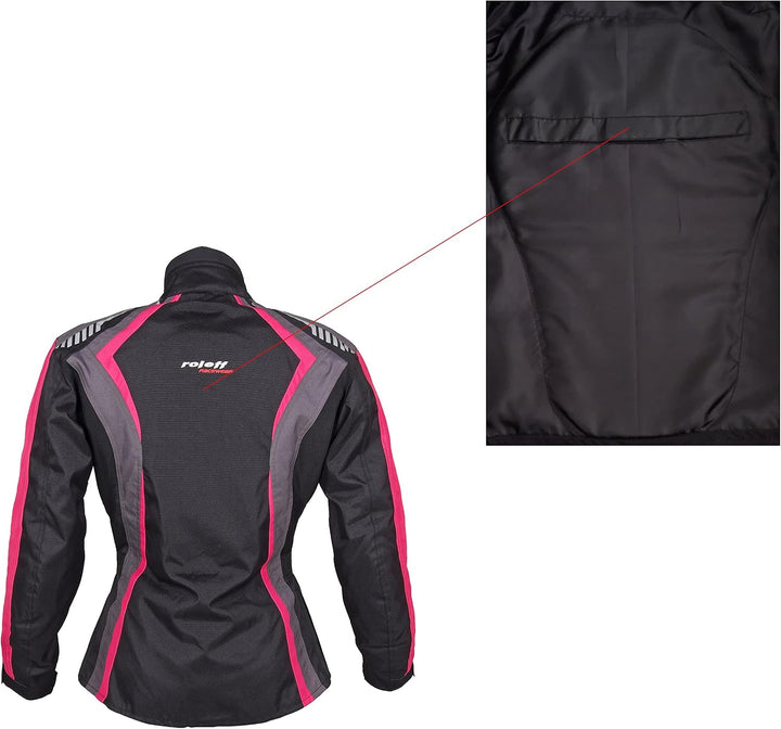 Damen Textil Motorradjacke mit CE Protektoren, gute Belüftung, taillierter Schnitt XS Black, Pink, G