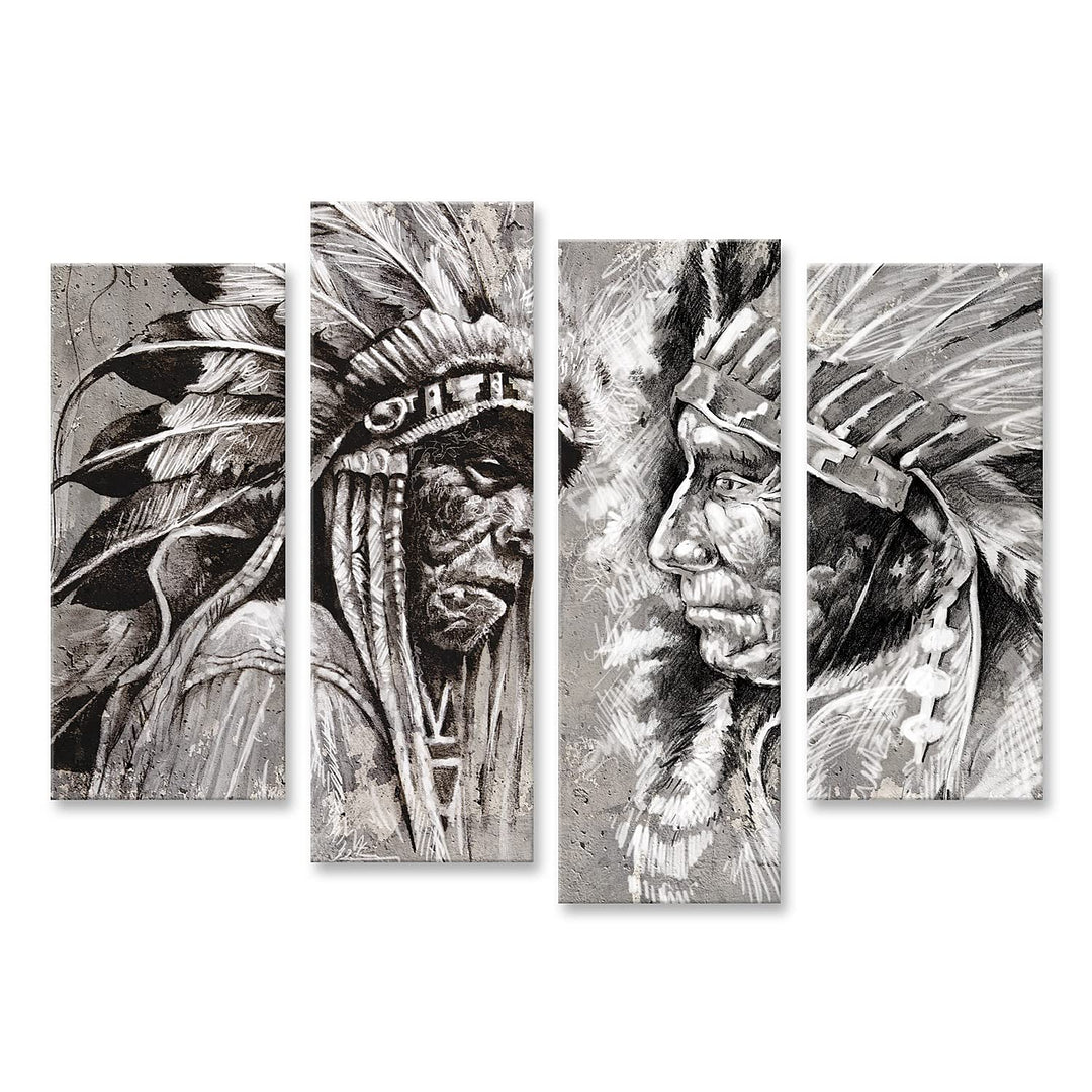 islandburner Bild auf Leinwand Native American Indian Köpfe Retro Stil Schwarz-Weiss Bilder Wandbild