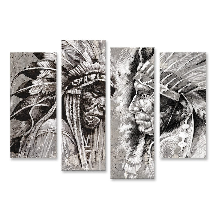 islandburner Bild auf Leinwand Native American Indian Köpfe Retro Stil Schwarz-Weiss Bilder Wandbild