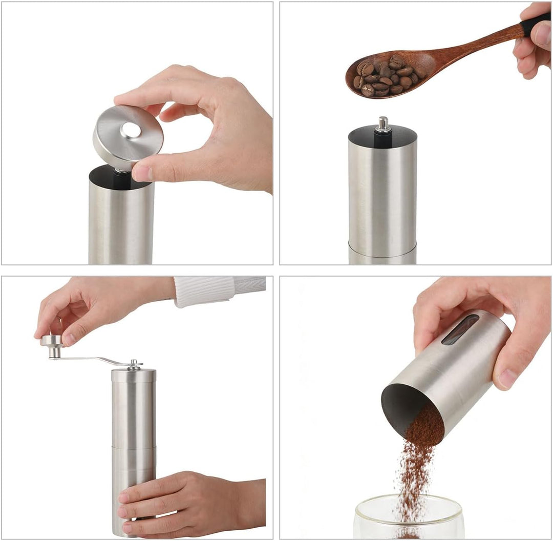 ideoon Robuste Handkaffeemühle Edelstahl mit Keramikmahlwerk, stufenlose Mahlgrad-Einstellung, abneh