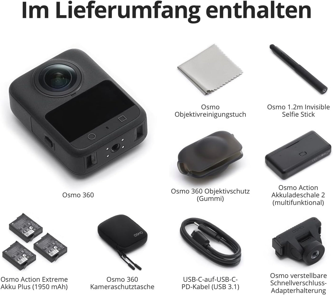 DJI Osmo 360 Adventure Combo, 360 Action Cam | 1-Zoll 360° Aufnahmen, verlängerte Akkulaufzeit mit 3