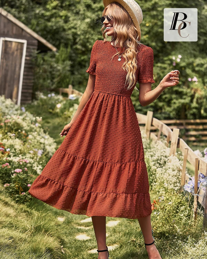 BebreezChic Damen Sommerkleid Rundhals Kurzarm Puffärmel Gerüschter Gerafftes Freizeitkleid mit Hohe