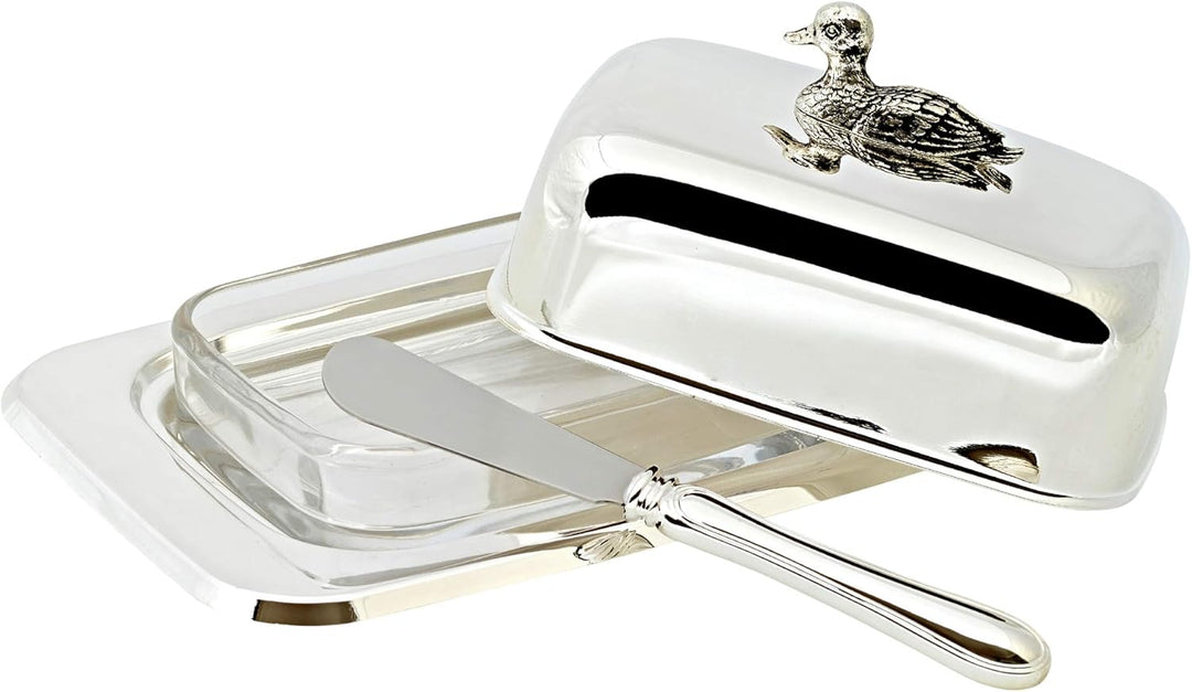 EDZARD Butterdose Ente (für 250 g) aus Silber & Glas - Butterglocke & Buttermesser - Schale, Dose, B