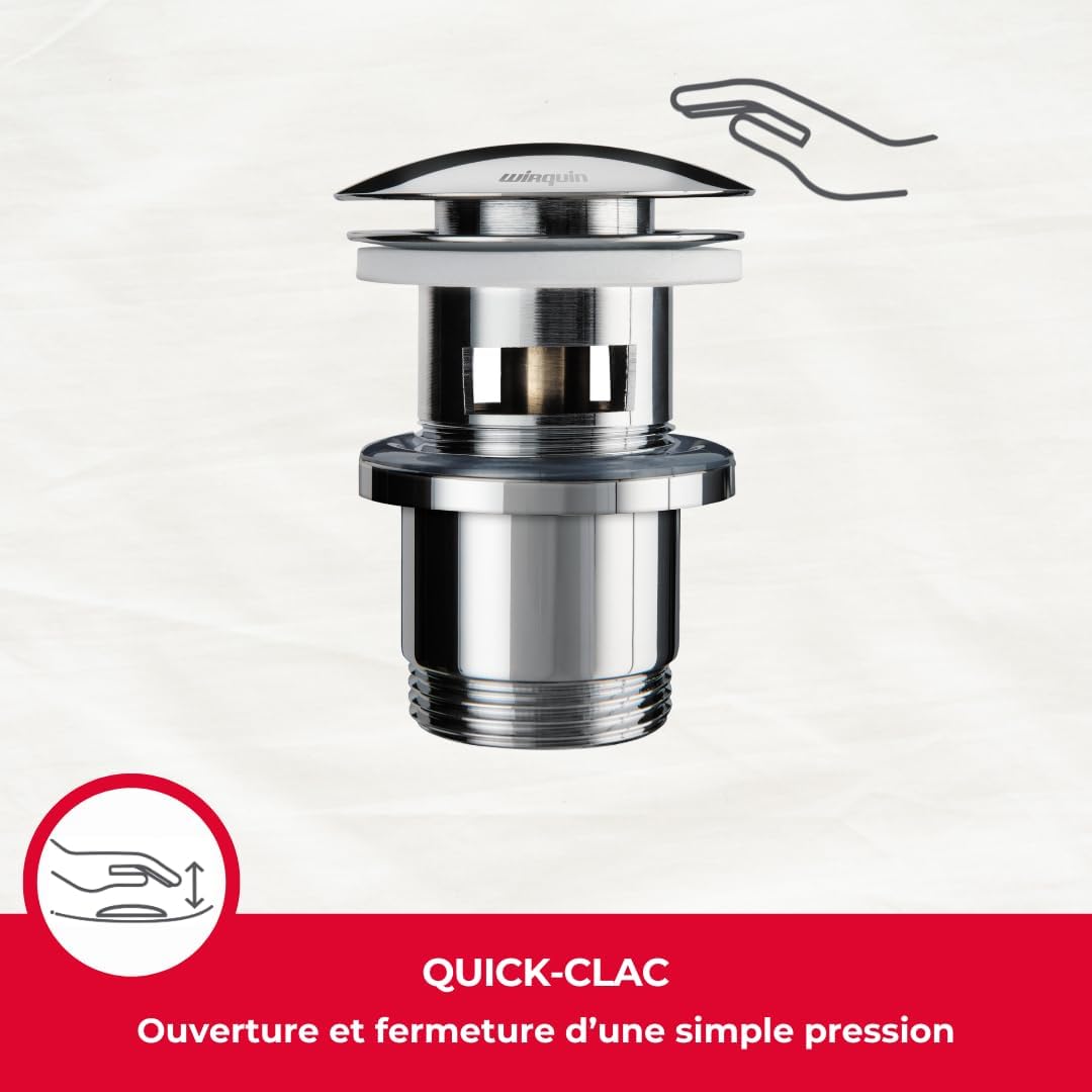 Wirquin 30723123 Ablaufgarnitur für Waschbecken, Messing, Quick-Clac-System – Überlauf, kurzes Ablau