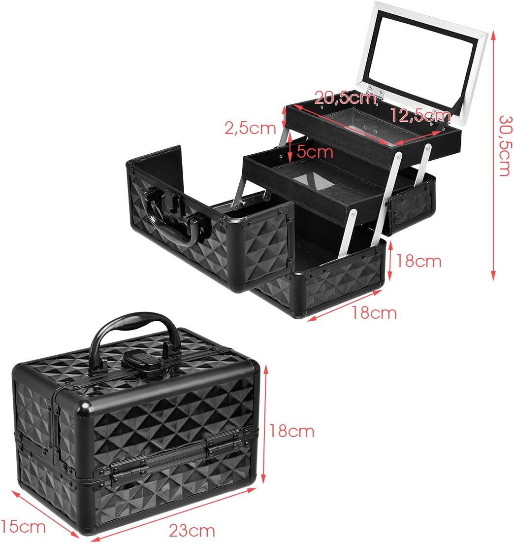 HOMASIS Kosmetikkoffer mit Spiegel, Mini Schminkkoffer mit 3 Ebenen, tragbarer Beauty Case mit Griff