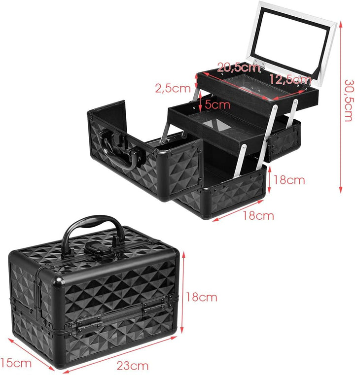 HOMASIS Kosmetikkoffer mit Spiegel, Mini Schminkkoffer mit 3 Ebenen, tragbarer Beauty Case mit Griff