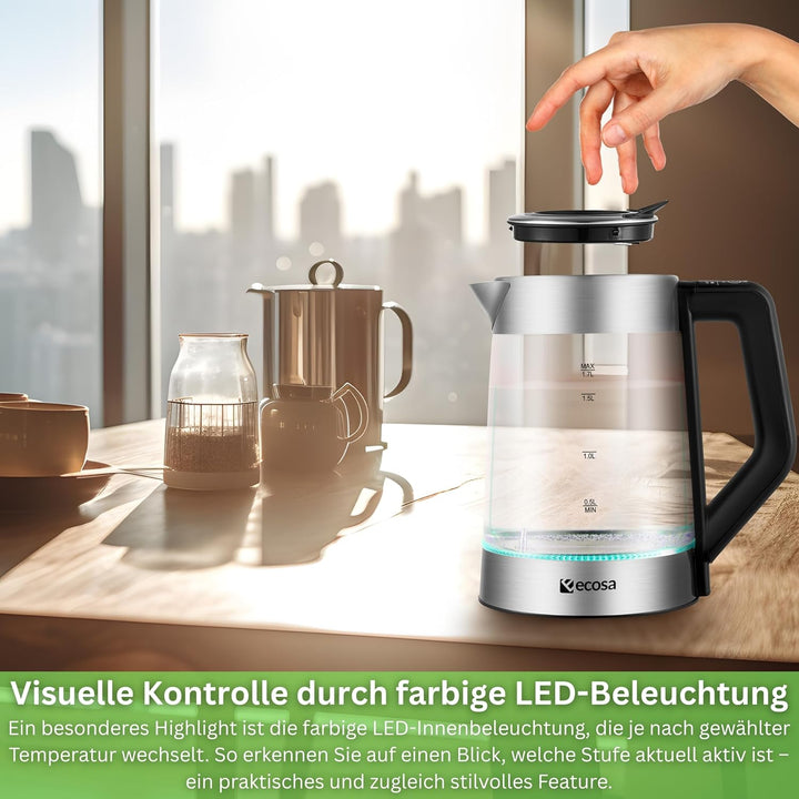 Glas Wasserkocher 1,7 Liter | 2200 Watt | Edelstahl mit Temperaturwahl | Teekocher | 100% BPA FREI |