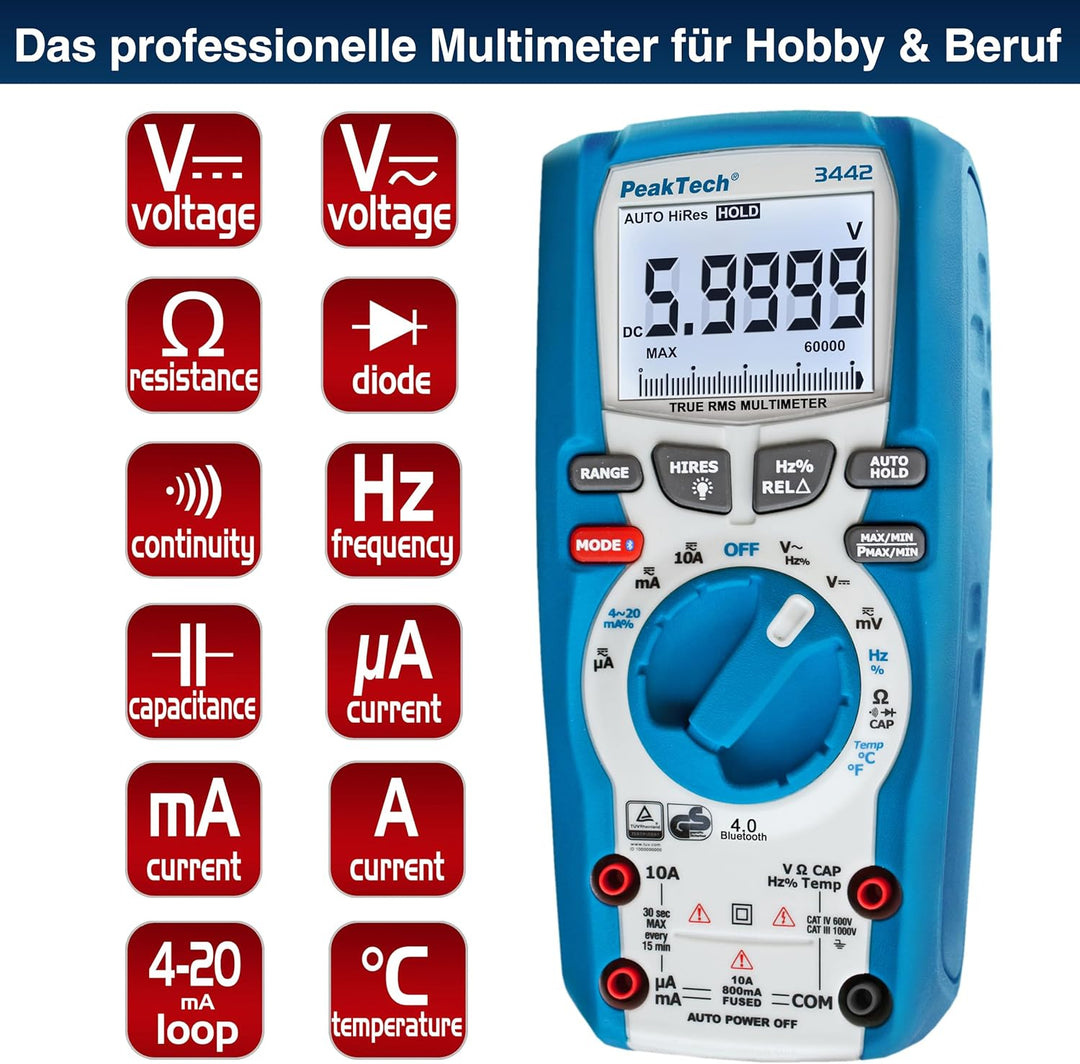 PeakTech P 3442 True RMS Digital Multimeter für Elektriker mit 60000 Counts & 4.0 Bluetooth, Profi-H