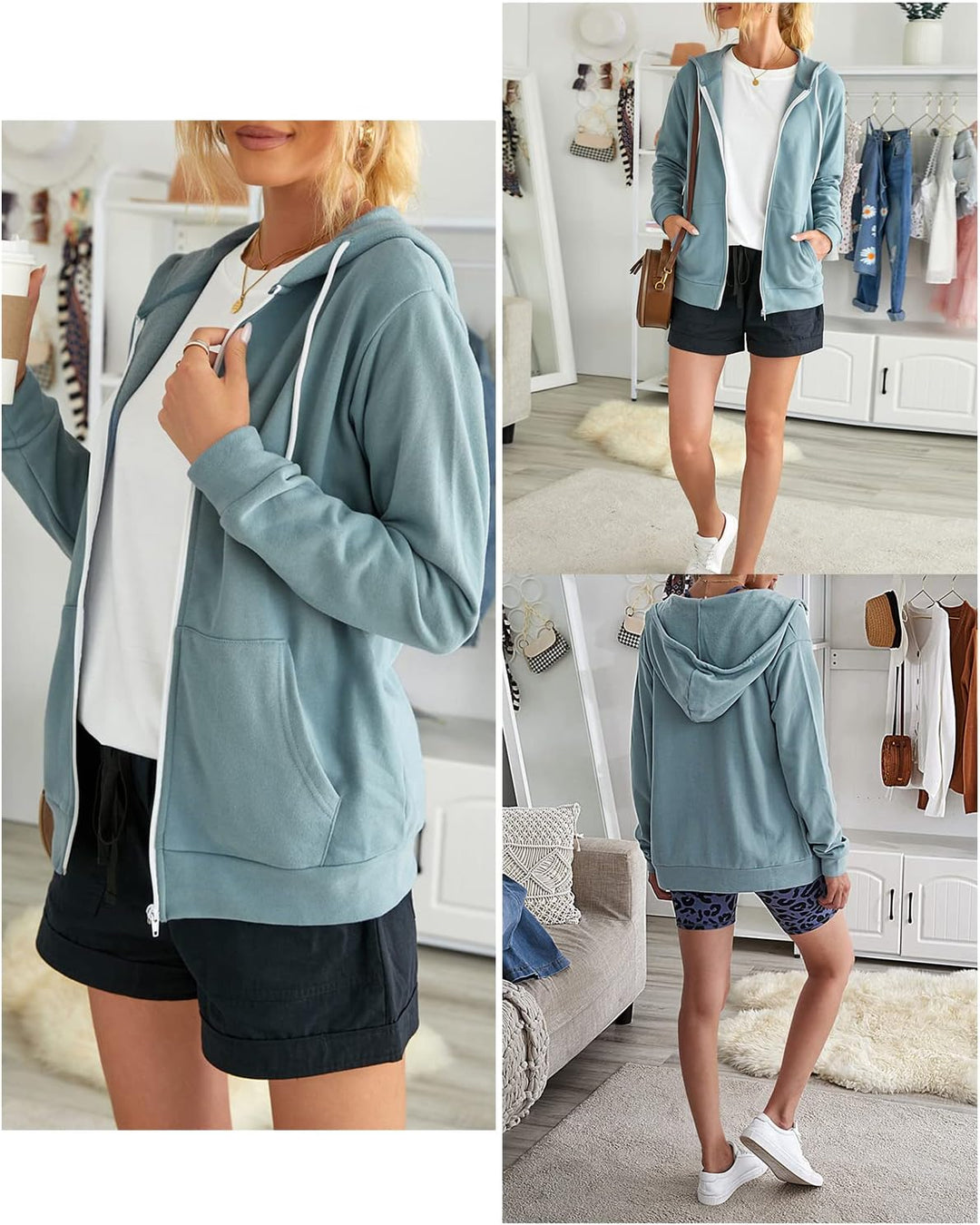 Uusollecy Damen Sweatjacke Hoodie Sweatshirtjacke Pullover Oberteile Kapuzenpullover Einfarbig Full