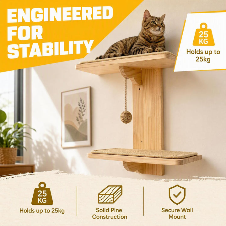 Kletterwand Katze Holz mit Integriertem Sisalball &amp; 2 Plattformen