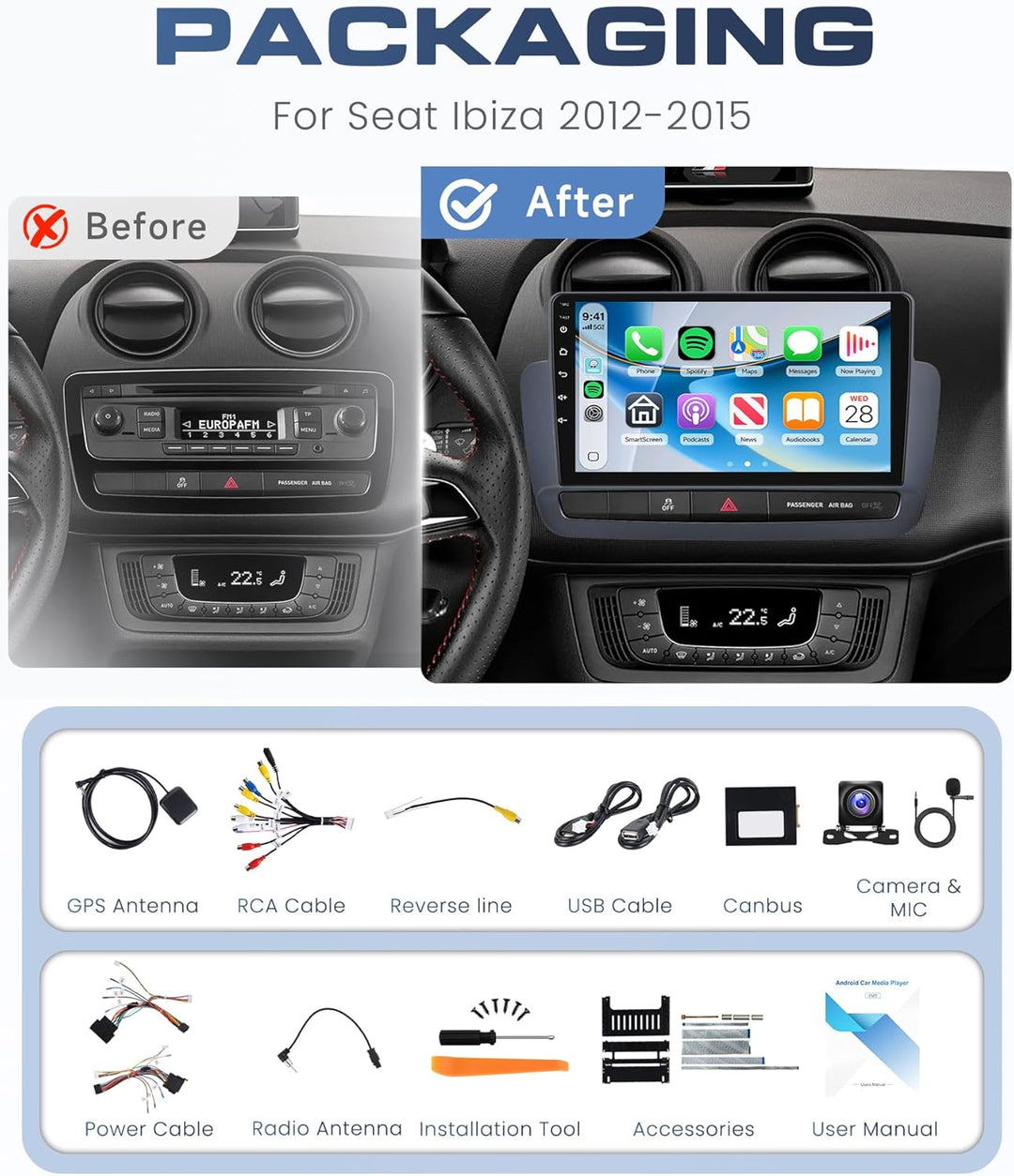 Rimoody 8 Core 6G+128G Autoradio Android für Seat Ibiza 2012-2015 Carplay Wireless 9" Radio mit Andr