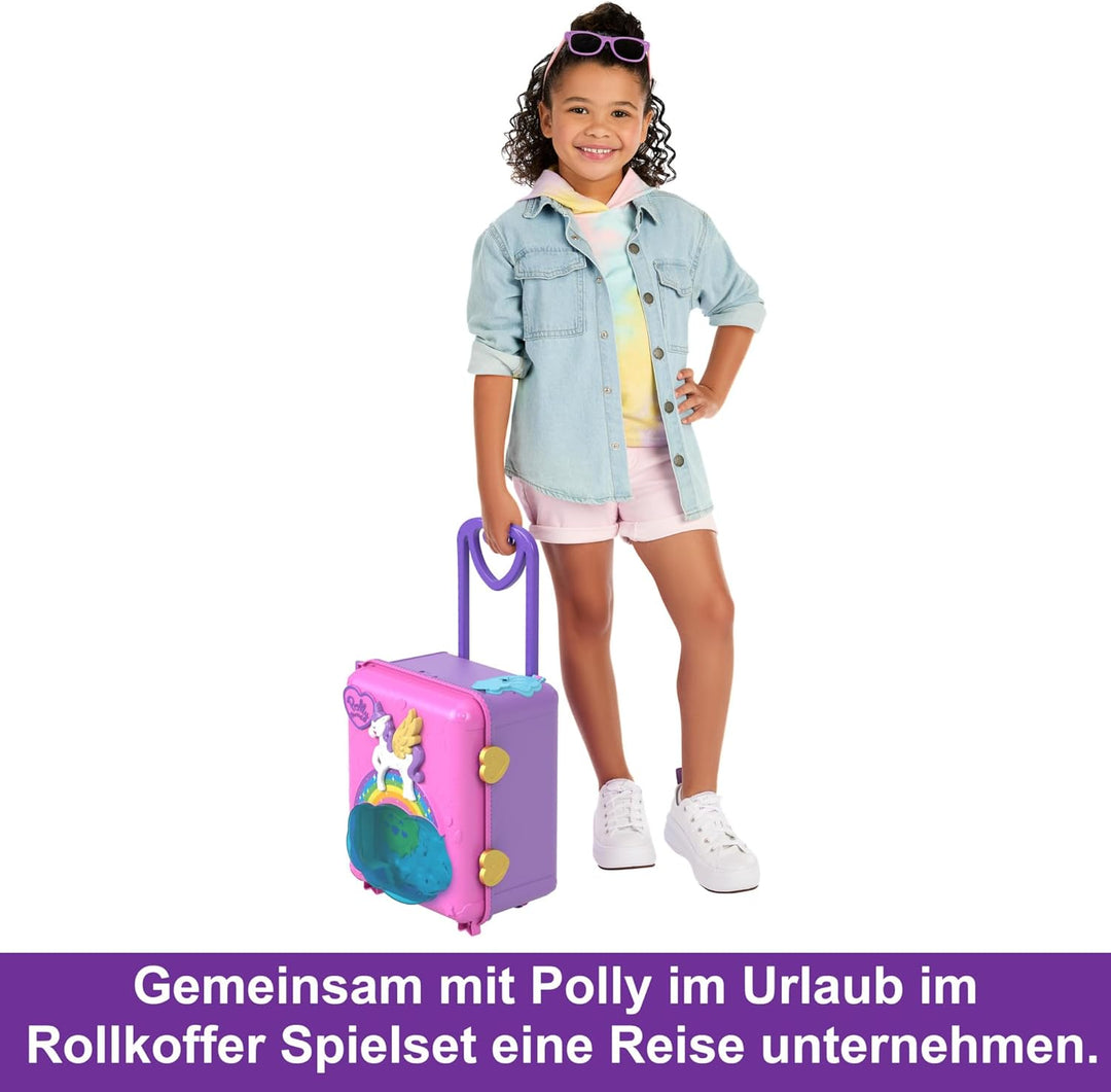 Polly Pocket Pollyville Urlaub im Rollkoffer - 4 Puppen, 1 Fahrzeug, 25+ Zubehörteile, Strand, Prome