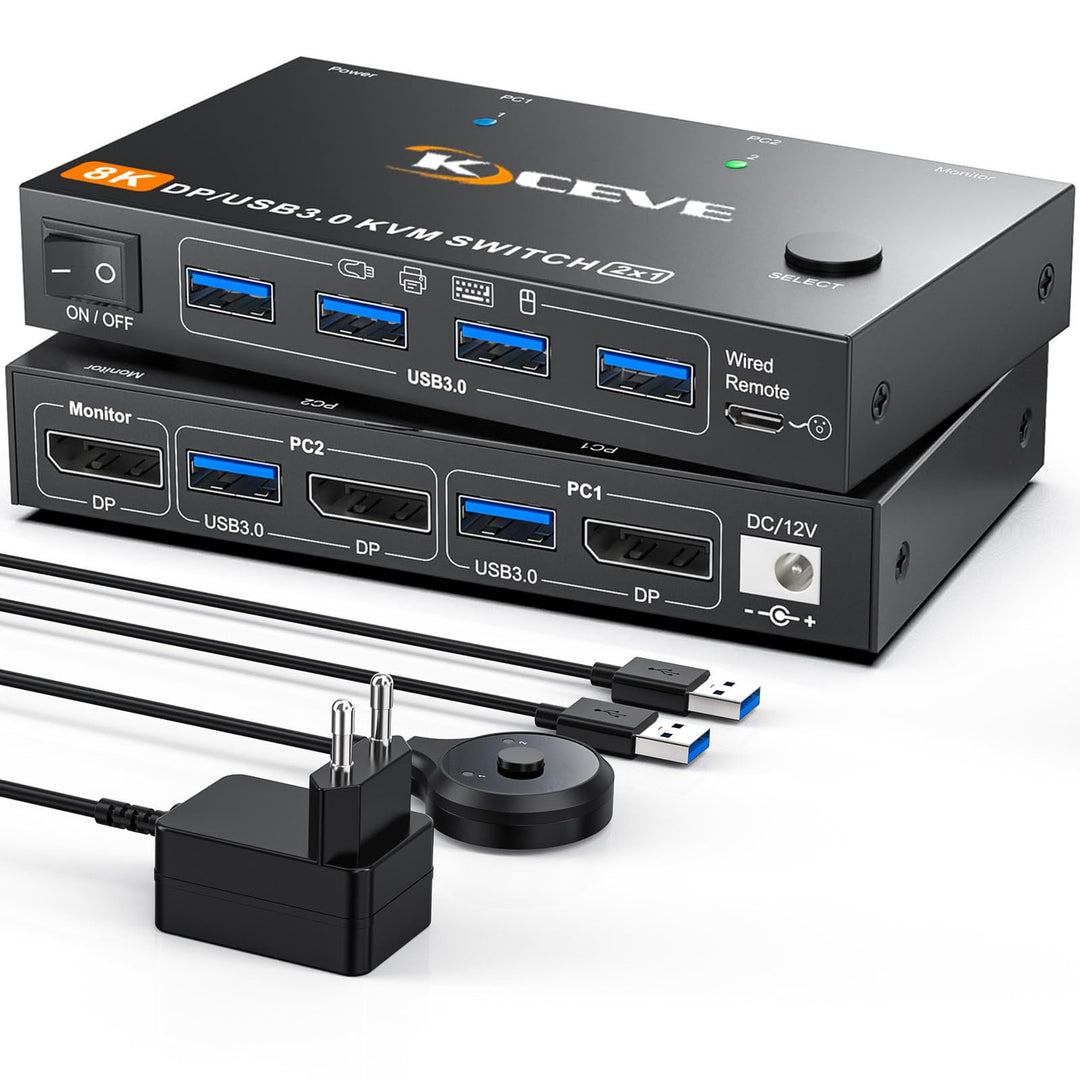 KVM Switch 2 PC 1 Monitor DP 4K@144Hz, USB 3.0 KVM Switch Displayport 2.1 Teilen 4 USB 3.0 Ports Tas
