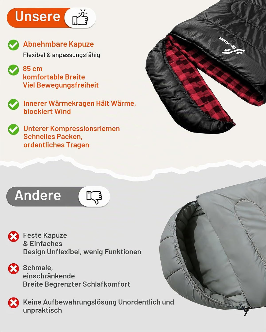 Sportneer Schlafsack Outdoor - Winterschlafsack Flanell 220 x 85 cm Schlafsack Winter mit Abnehmbare