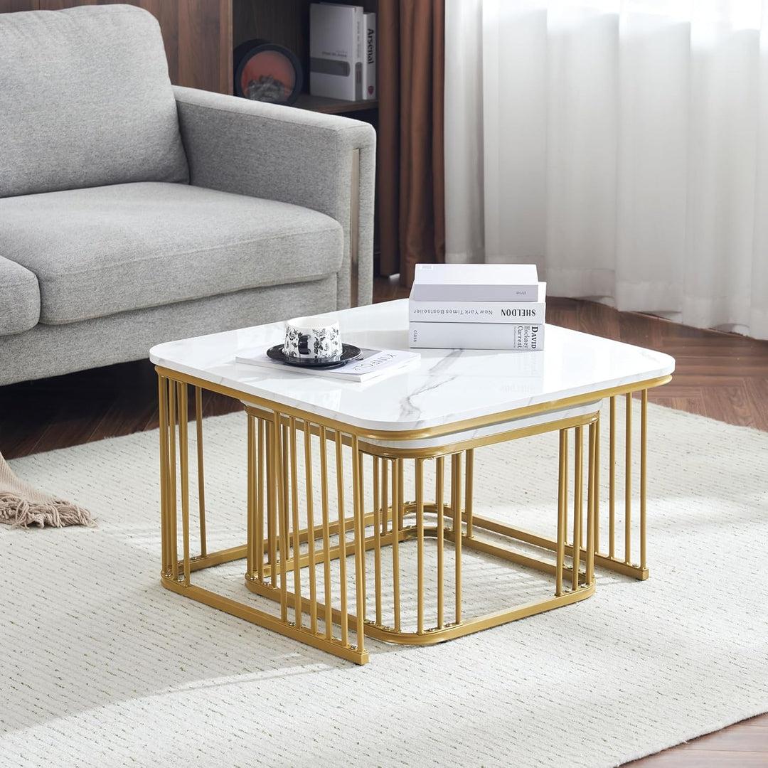 Merax Quadratisch Couchtisch 2er Set, Moderne Wohnzimmertisch mit Marmor Furnier, Hochglanz Satztisc