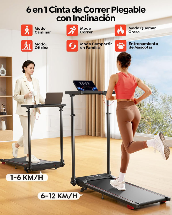 Laufband für Zuhause 12km/h, 6 IN 1 Elektrisches Laufband mit 10% Steigung, 1080MM Einziehbares Stei