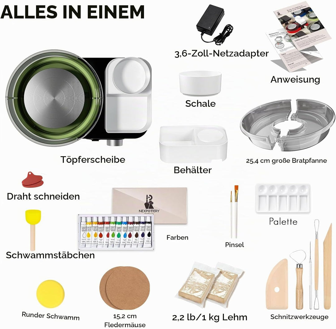 Töpferscheibe Elektrisch Set für Anfänger &amp; Profis – Komplettes Töpferset für Zuhause mit 1kg Ton, 0