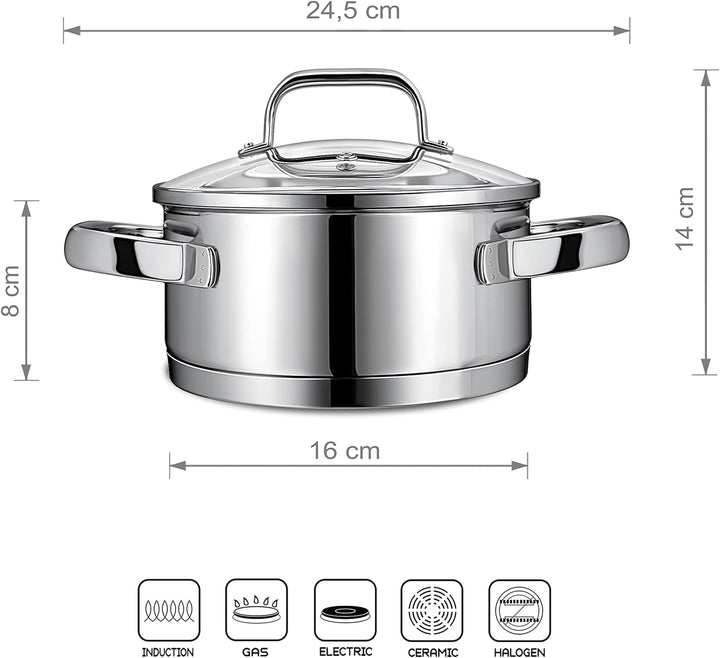 Linnuo kleiner Topf Induktion 16cm mit Glasdeckel, Kochtopf klein 1,5l aus 18/10 Edelstahl, Griff ni