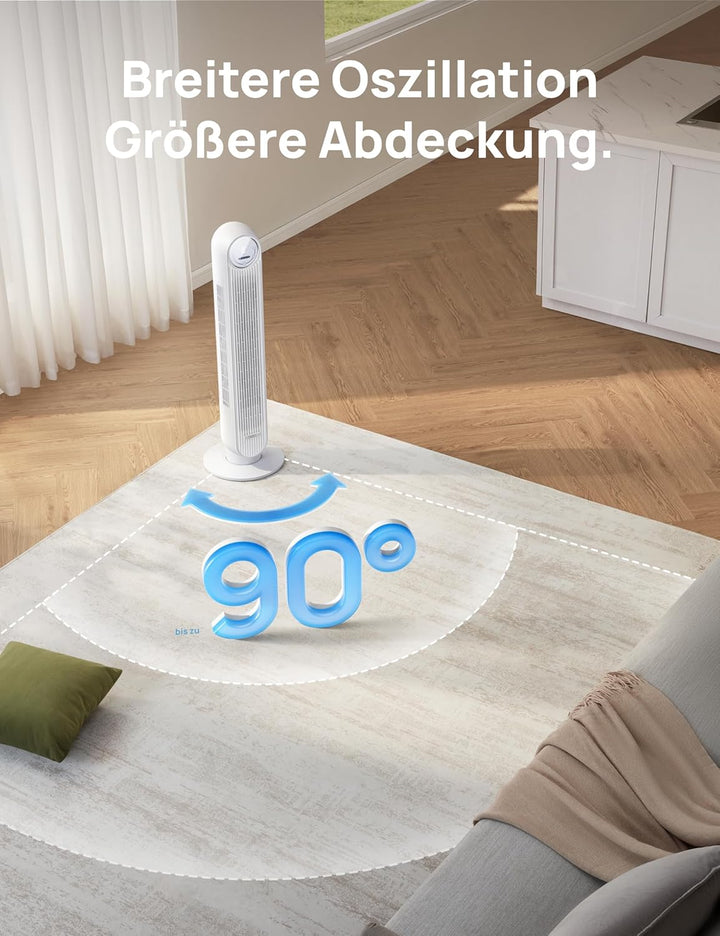Dreo Smart 20dB Leiser Turmventilator, 10 m Wurfweite 4 Geschwindigstufen 4 Modi 8 Std. Timer 90° os