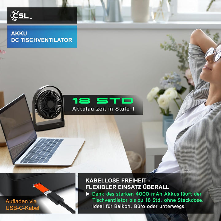 CSL - Akku Tischventilator – Mini Ventilator USB – DC Motor Brushless silent sehr leise – 4000 mAh L