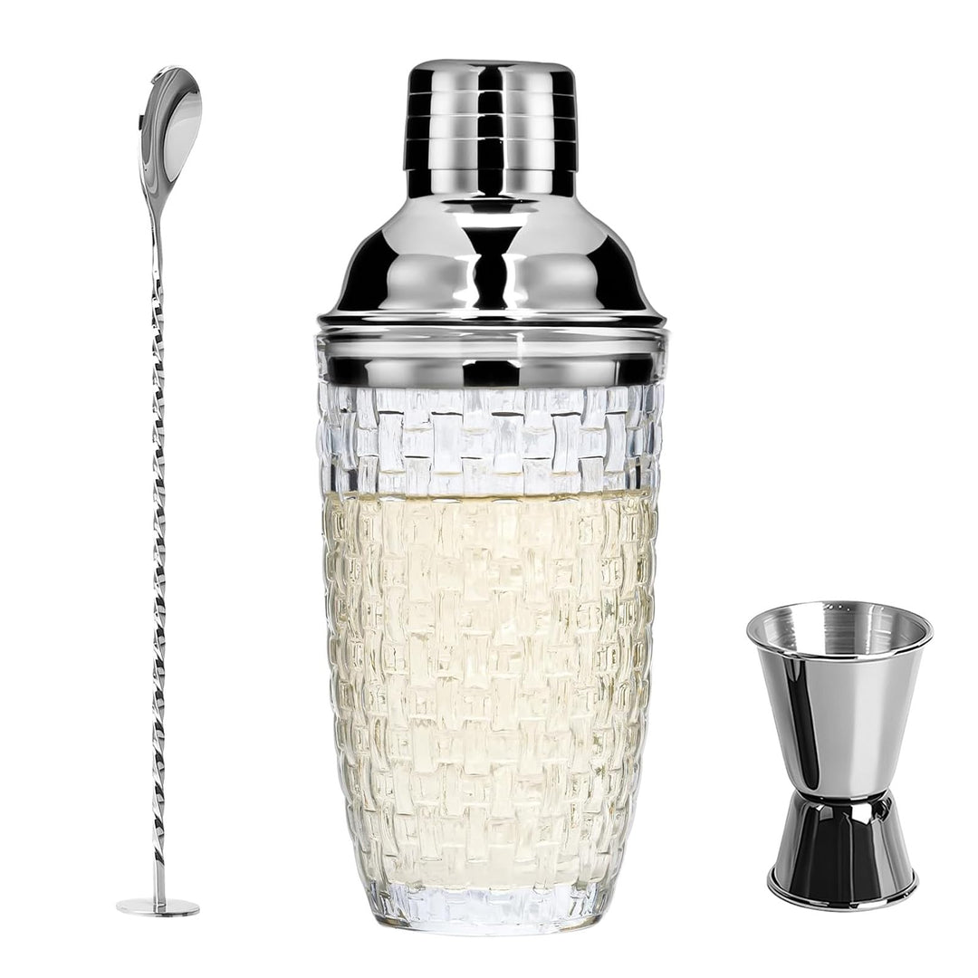 Glas Cocktailshaker400ml,Strickmuster Klarglas Cocktail Shaker Set,Cocktail Shaker Glas Mixer mit Ed
