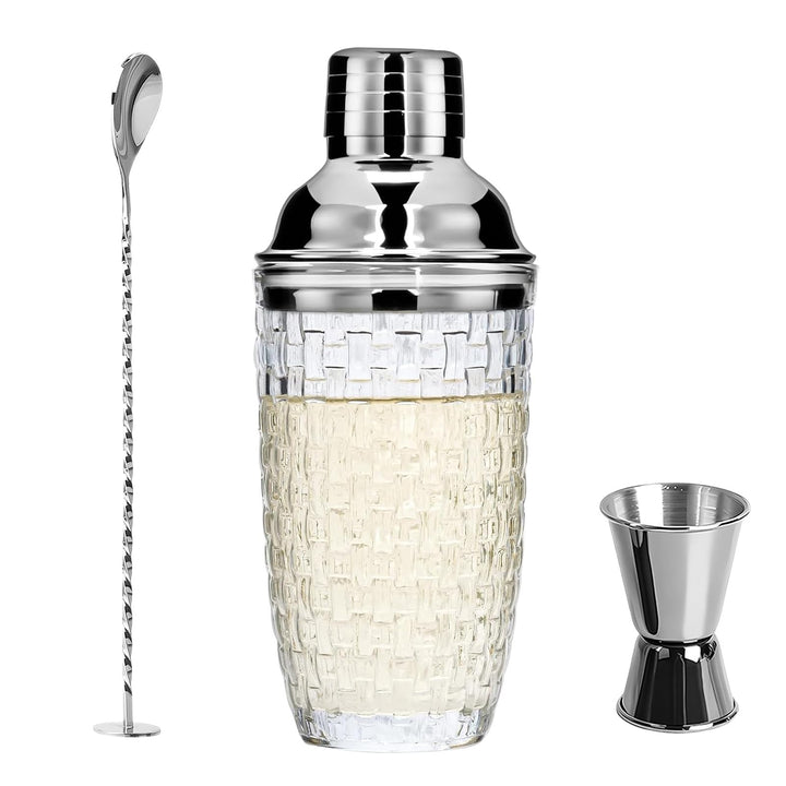 Glas Cocktailshaker400ml,Strickmuster Klarglas Cocktail Shaker Set,Cocktail Shaker Glas Mixer mit Ed