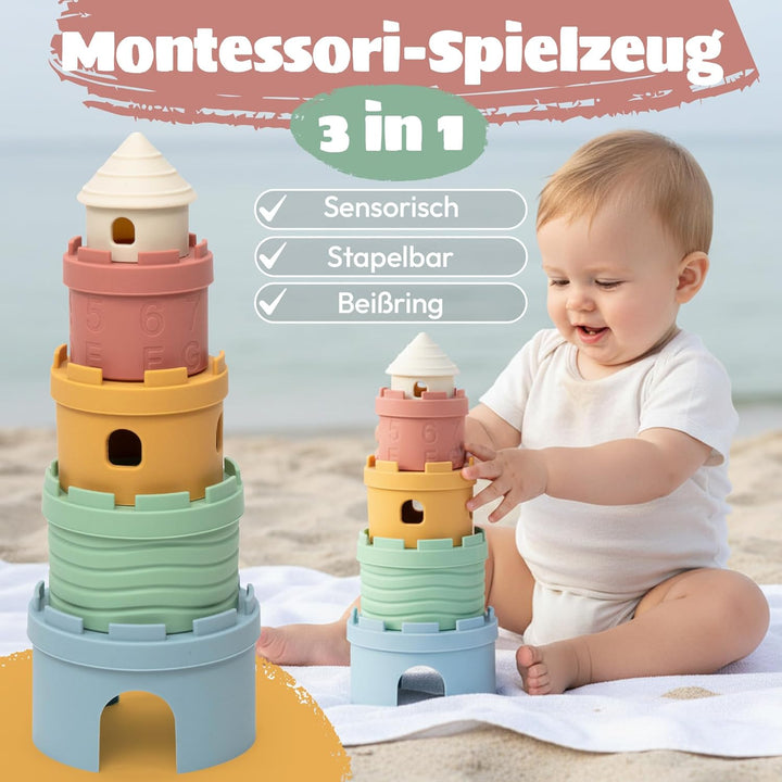 Stapelbecher Baby Silikon Montessori Spielzeug 3 in 1 – Stapelturm, Beissring & Badespielzeug | Sens