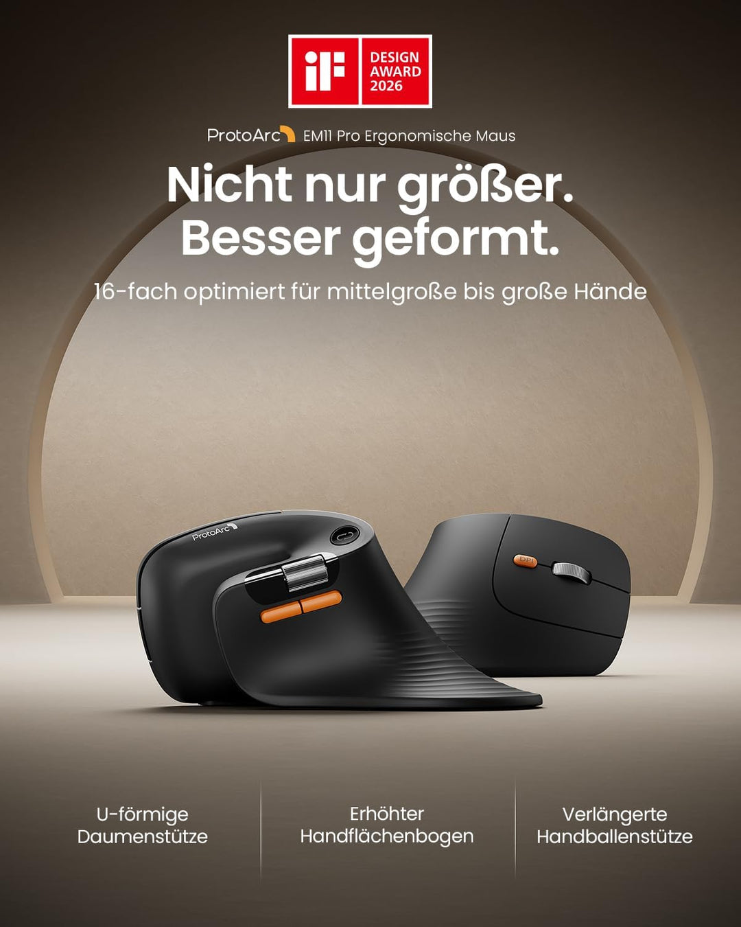 ProtoArc EM11 Pro Ergonomische Vertikale Maus mit Seitenscroll, Anpassbare Tasten, 2*Bluetooth + 2,4