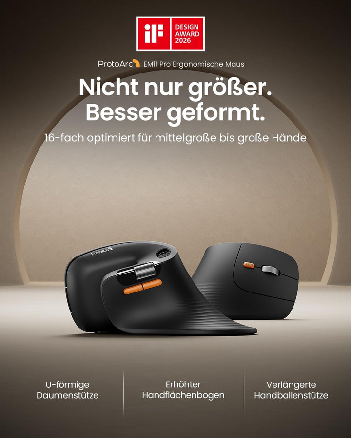 ProtoArc EM11 Pro Ergonomische Vertikale Maus mit Seitenscroll, Anpassbare Tasten, 2*Bluetooth + 2,4