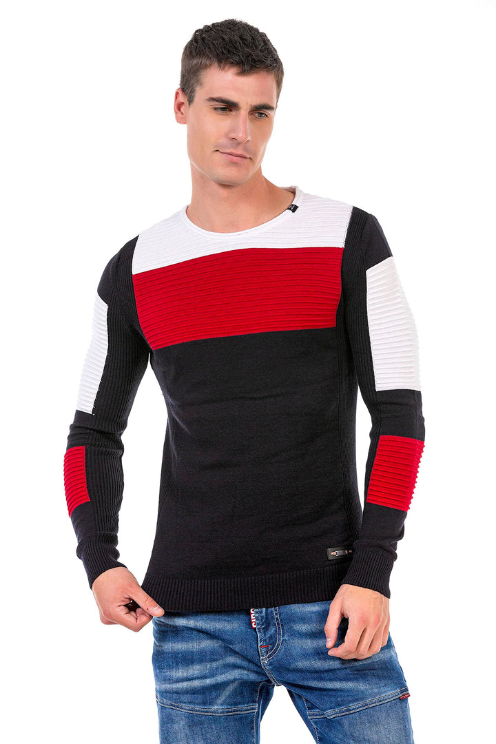 Cipo &amp; Baxx Herren Strick Pullover Sweater Gerippt Pulli CP247 Dunkelblau-Rot XL
