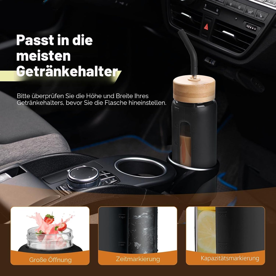 BLUEGO 600ml Glaswasserflasche mit Strohhalm und 2 Deckeln Kaffeetasse aus Glas mit Zeitmarkierung u