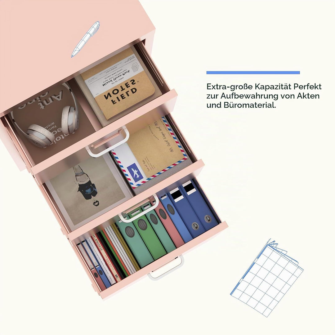 FLEXISPOT Rollcontainer Büroschrank mit 3 Schubladen, Aktenschrank Metallschrank Kommode mit Rädern,