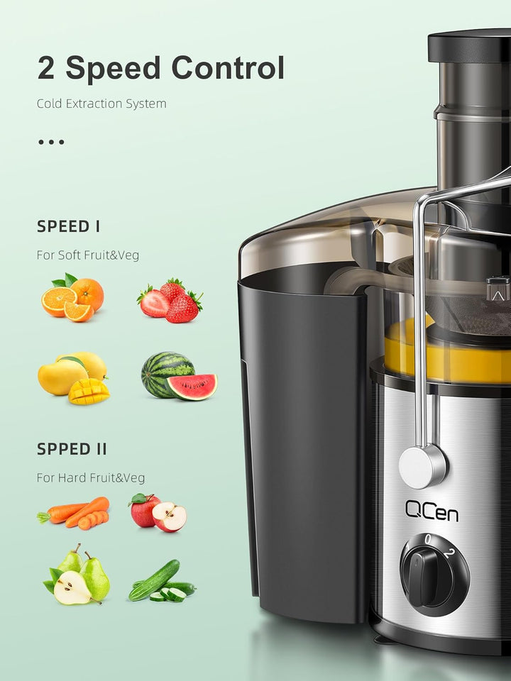 QCen Entsafter, Zentrifugal-Entsafter mit 3-Zoll-Einfüllschacht, leicht zu reinigen, Edelstahl, BPA-