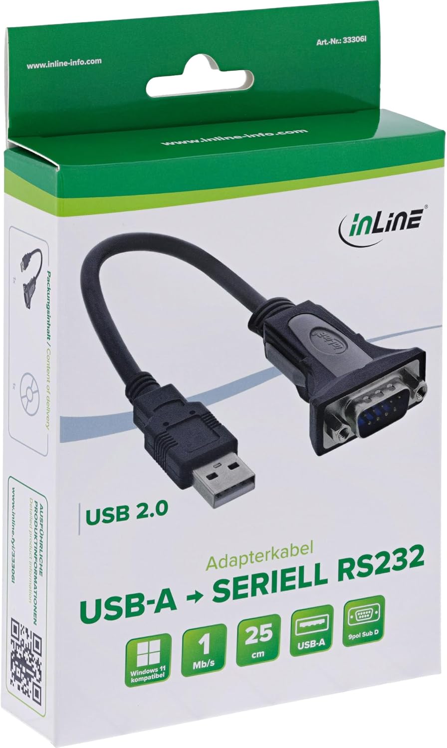 InLine 33306I USB 2.0 zu Seriell Adapterkabel, USB A an 9pol Sub D Stecker, 0,25m