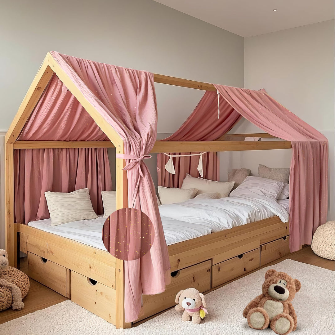 Hausbett Himmel mit Gold Applikation 2 Stück, handgefertigt aus 100% Baumwoll-Musselin, Stoffhimmel