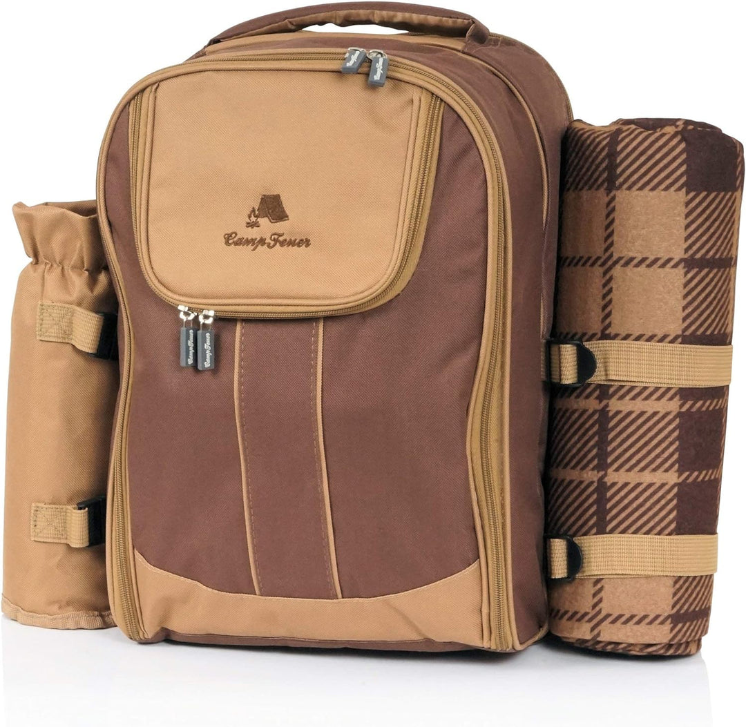 CampFeuer Picknickrucksack für 4 Personen (Braun) | Picknickset 32-teilig | inkl. Flaschenhalter und
