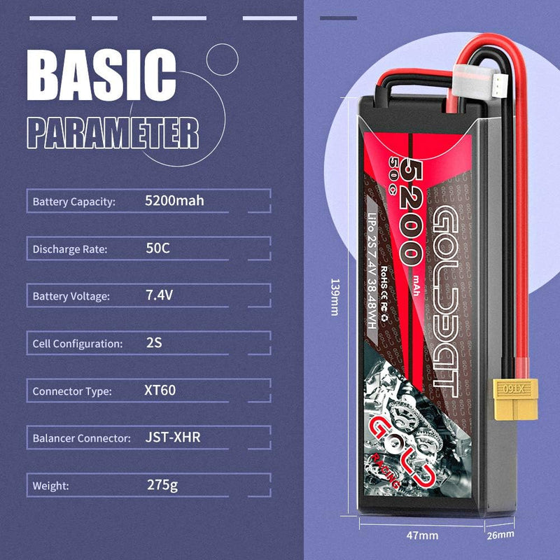 GOLDBAT 2S Lipo RC Akku 7,4V 50C 5200mAh LiPo Akku Hardcase Pack mit XT60 Stecker für RC Auto Evader