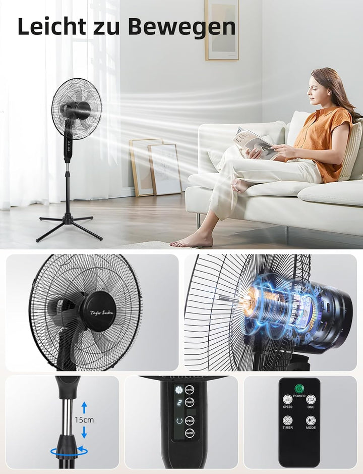 Taylor Swoden Standventilator mit Fernbedienung, 9h Timer, 7-Flügel, 50W Stark Ventilator Leise, 3 M