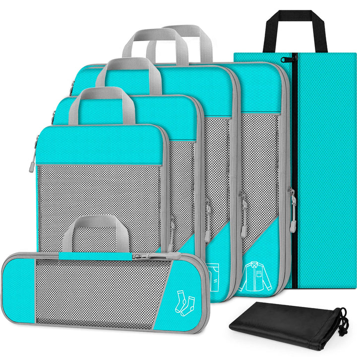 Koffer Organizer Set 7-teilig, Packtaschen mit Kompression, Compression Packing Cubes für Rucksack u