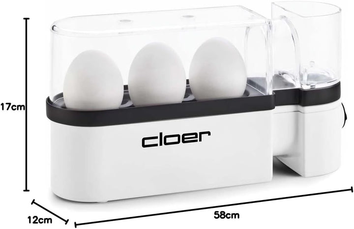 Cloer 6021 Eierkocher, bis zu 3 Eier, herausnehmbarer Eierträger, Servierfunktion, 300 Watt, Kunstst
