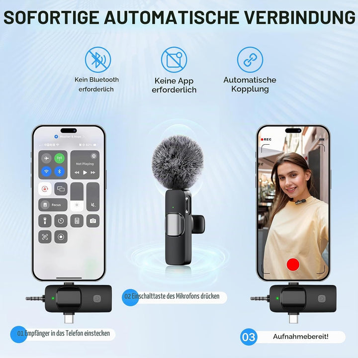 Kabelloses Lavalier Mikrofon für Handy/iPhone//iPad/Kamera, Mini Mikrofon für Live-Streaming, Rausch