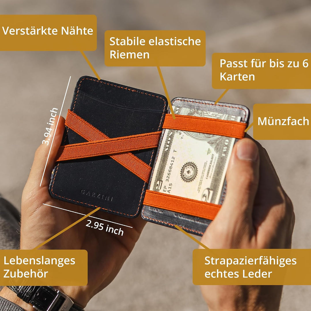 Hunterson Flacher Geldbeutel Fuer Herren aus Leder, Magic Wallet mit RFID-Schutz, Geldboerse mit Kle