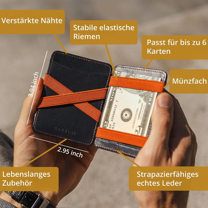 Hunterson Flacher Geldbeutel Fuer Herren aus Leder, Magic Wallet mit RFID-Schutz, Geldboerse mit Kle