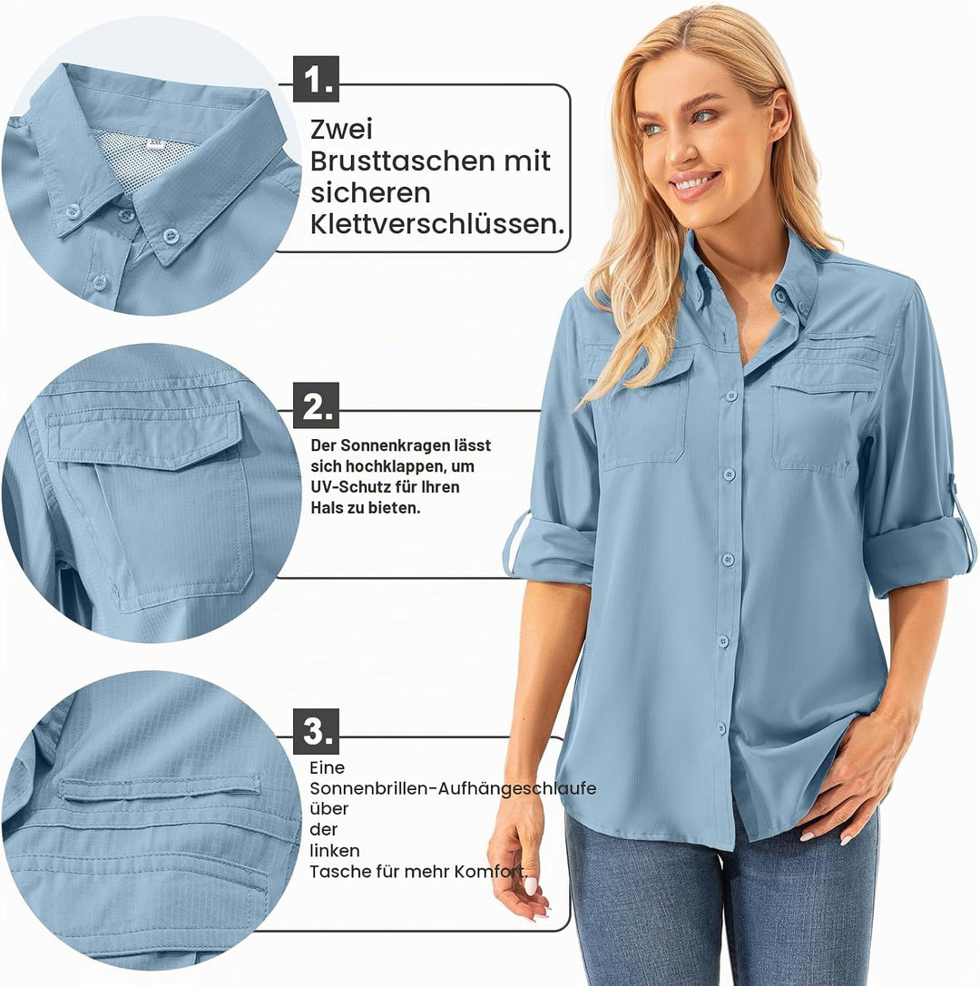 Asfixiado Damen Hemdbluse UV Shirt UPF 50+ Safari Kleidung Wanderbluse Damen Outdoor Cooling Quick D