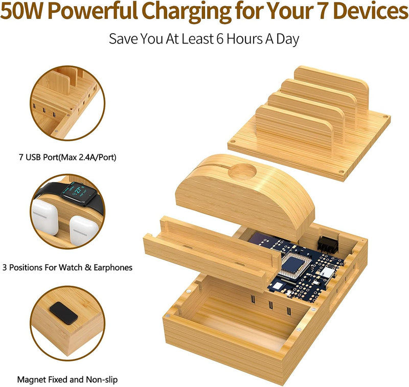 Ladestation für mehrere Geräte, Alltripal Bambus 7-Port Handy Ladestation 50W USB Ladegerät Schnelle