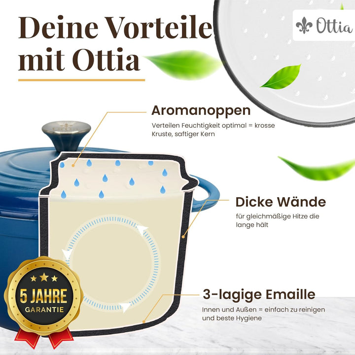 Ottia Gusseisen Topf brot backen [inkl. Gärkorb] - Emaille Topf 26cm - Dutch Oven, Brotbackform, Bro